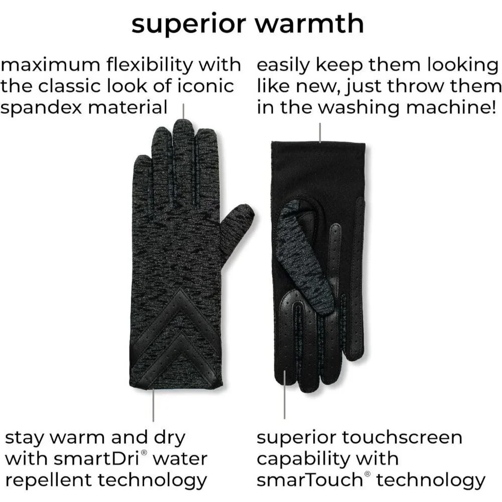 Women's Black Heather  Spandex Gloves Warm Fleece Lined Chevron Touchscreen